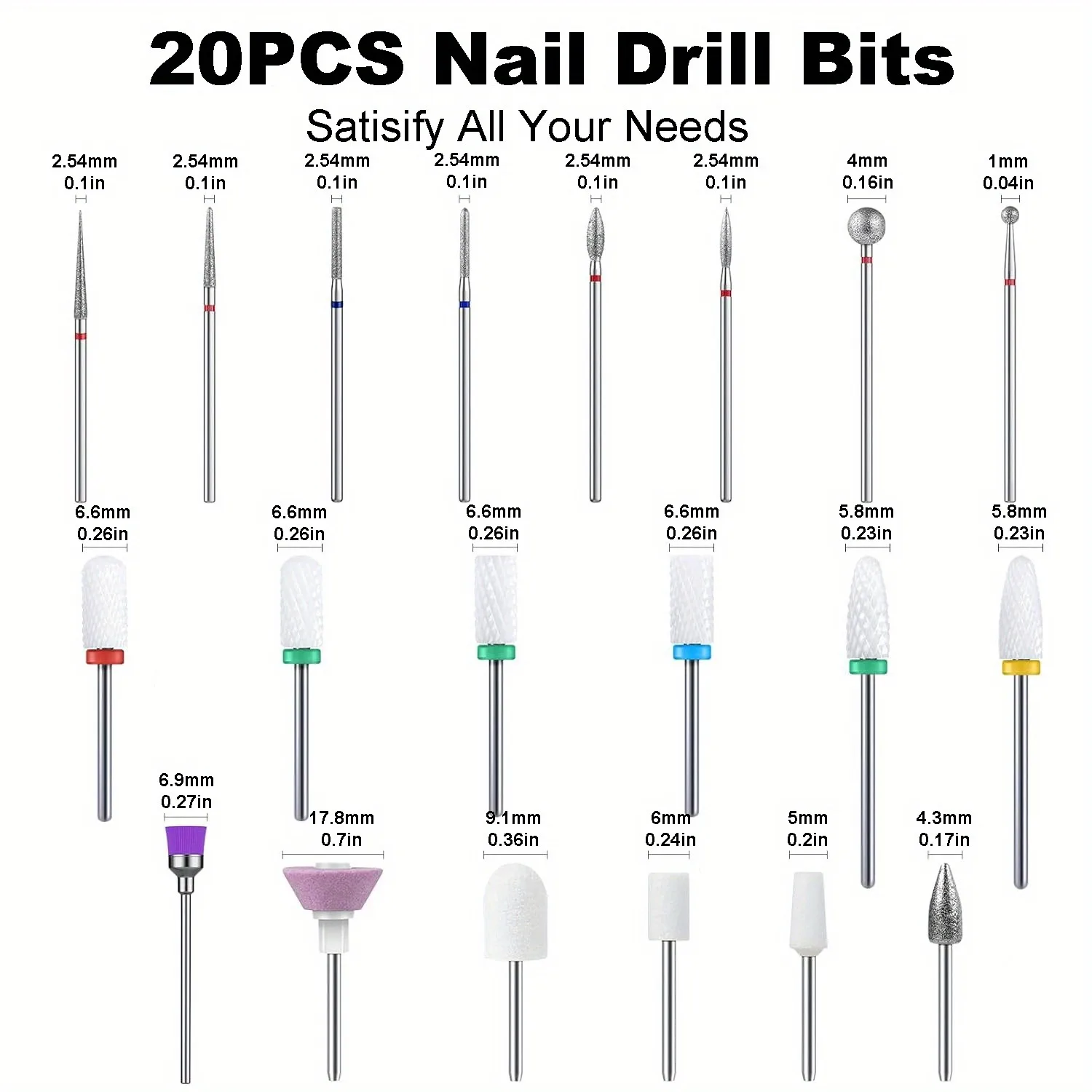 3/32 ''20PCS เจาะเล็บมืออาชีพ Bit,เซรามิคเพชรคาร์ไบด์อะคริลิคเจลเล็บชุดเครื่องมือ, cuticle Remover บิตสําหรับอะคริลิค