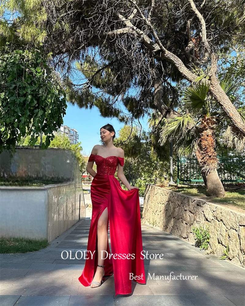 OLOEY Sexy Off Shoulder Red Mermaid Evening Dresses Sleeves Split Shiny Sequin Satin Pleats Prom Gowns Celebrity Party Dress