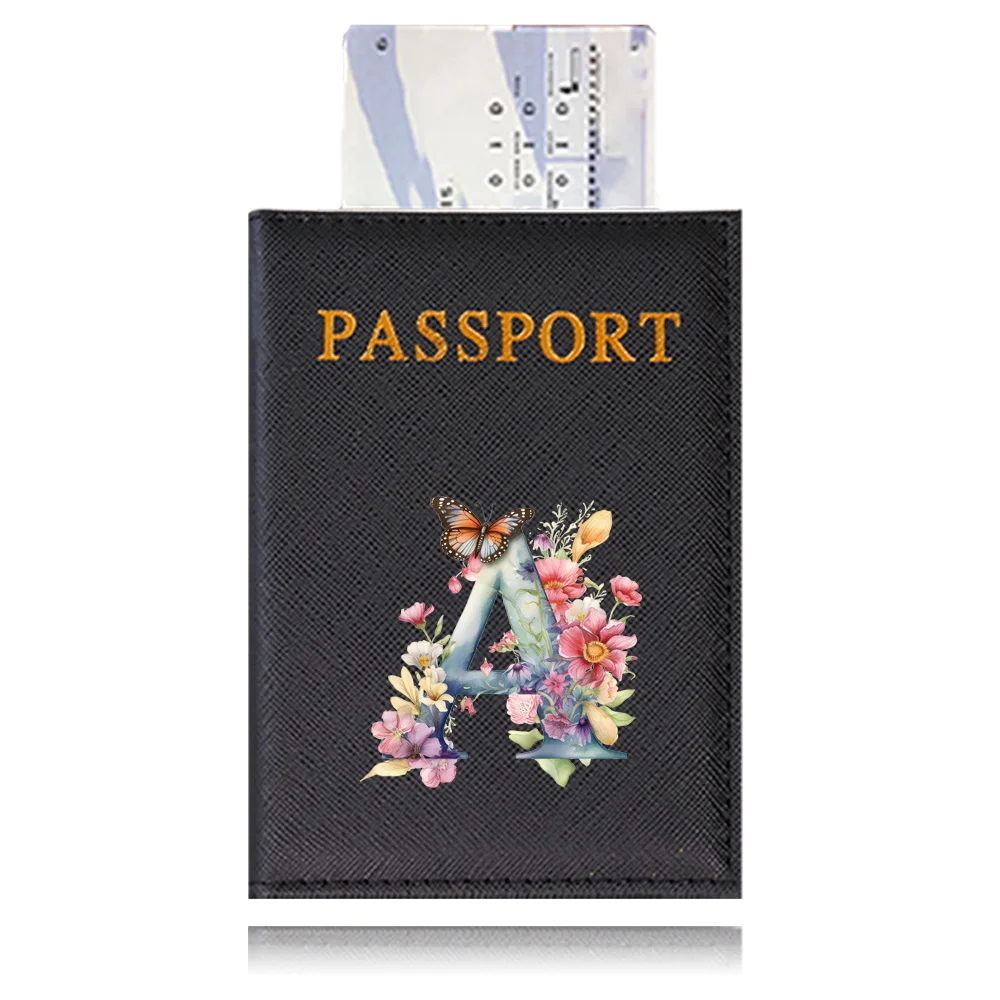 Protetora PU Passaporte Capa, Caso Titular do Bilhete de Viagem, Borboleta Letter Print Series, ID Card Clip Bags, cor preta