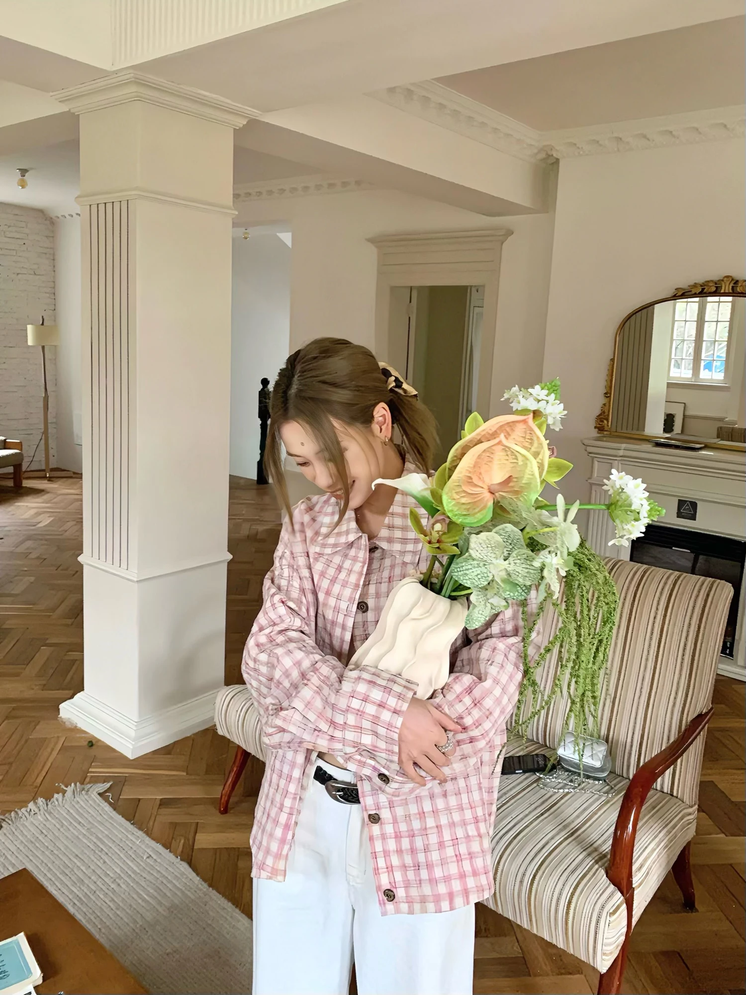 

LelyMooch Vintage Design Fre Pink Floral Pleated Hem Thin Linen Feel Plaid Jaet Coat Spring Women's ort Outerwear