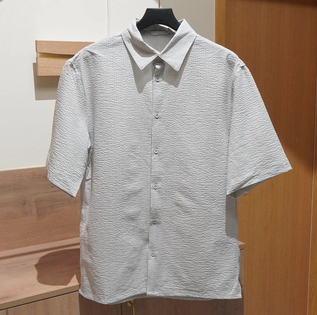 

European and American Fashion Men's Light-Colored Small Plaid Seersucker Texture Pleated Anti-Wrinkle Quick-Drying Short-Sleeved Shirt Loose Shirt