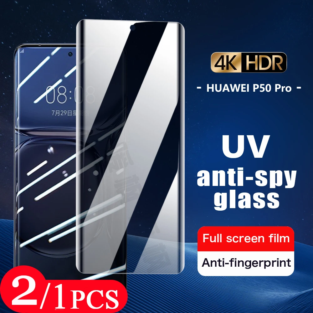 2/1Pcs Uv Anti-Spy Glas Voor Huawei P50 P40 Pro Plus 9D Telefoon Screen Protector P30 pro Uv Privacy Gehard Glas Beschermende Film