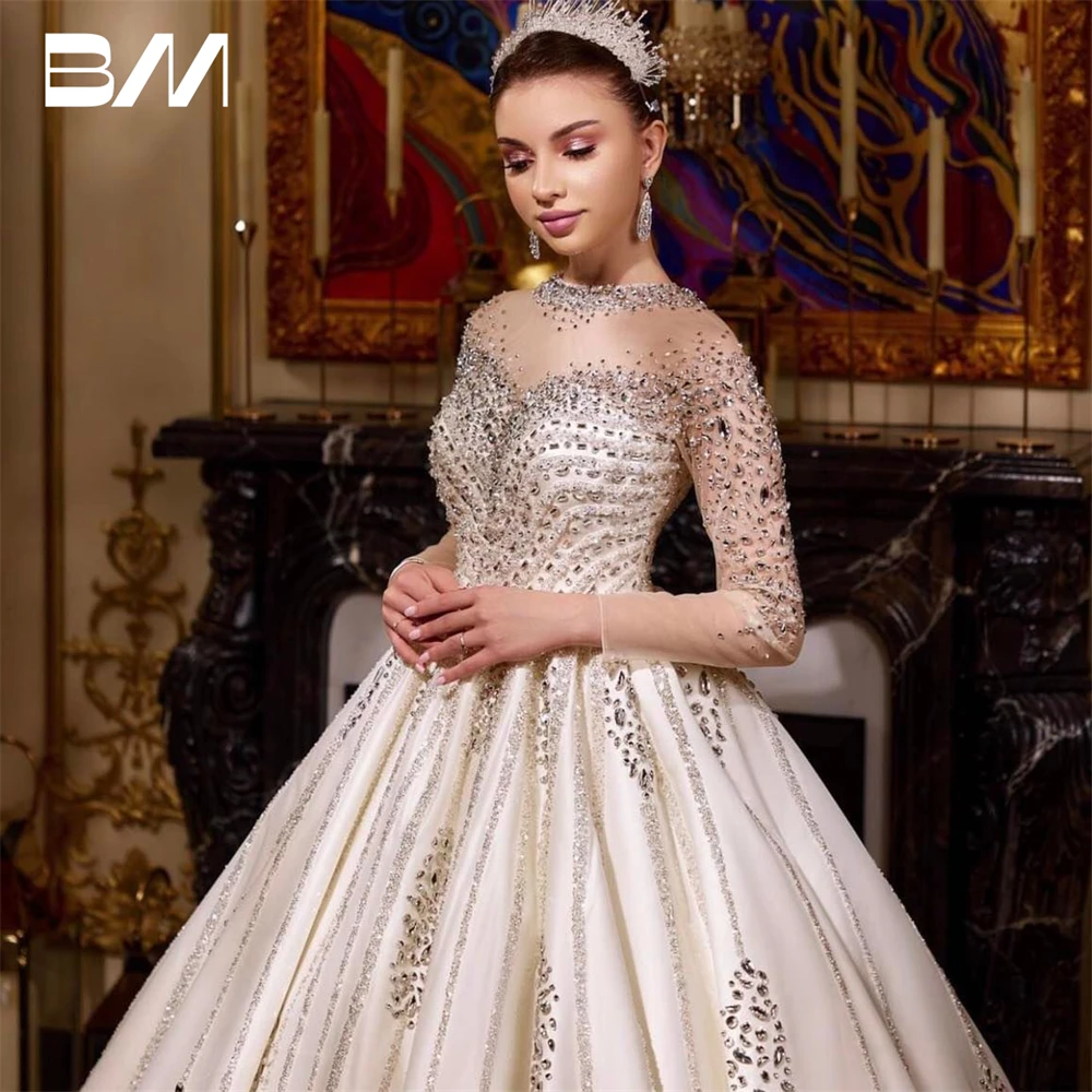 Illusion Long Sleeve Beads Wedding Dresses For Women Ball Gown O Neck Embroidery Bride Dress Custom Made Quality Bridal Gown