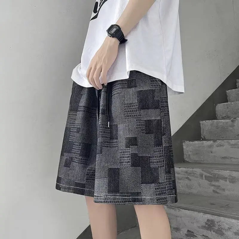 

Summer Korean Style Fashion Plaid Elastic Waist Casual Youth Loose Wide-leg Shorts