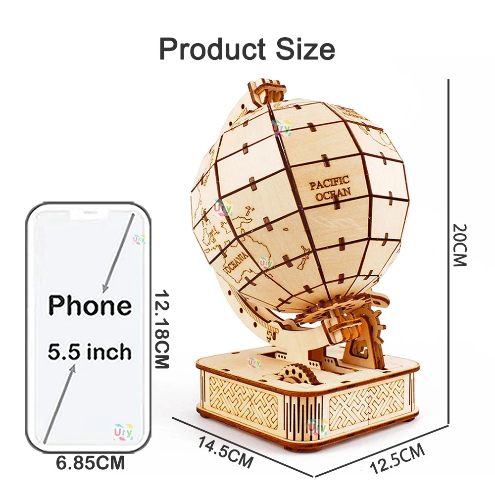 3D ury โมเดลลูกโลกไม้แบบหมุนได้ชุดเครื่องมือกลการสร้าง mainan balok ประกอบมือของขวัญตกแต่งสำหรับเด็กผู้ใหญ่