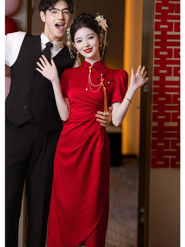 

Red Wedding Dr Qipao Sle Engagement Par Women's Faionable Slim Fit Clothing ort Sve mid Length Gown for Wedding