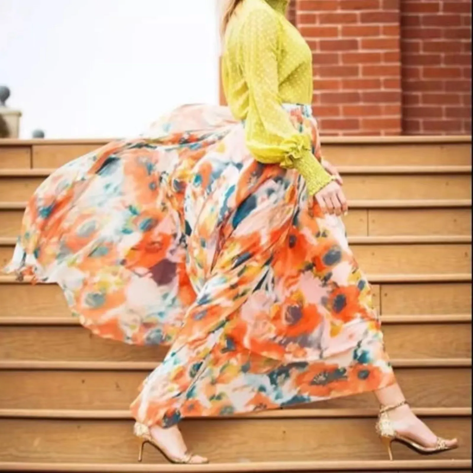 

Women's Fashion Floral Chiffon Boho Long Skirt Bohemia Floral Print High Waist Skirts Spring Summer Flared Pleated Beach Skirt