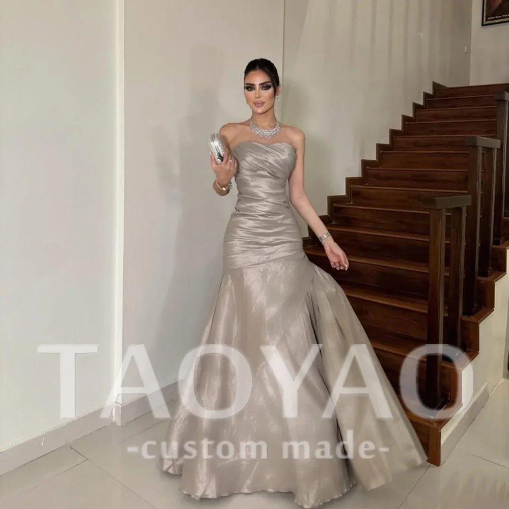 

Customized Aline Grey Strapless Satin Pleat Evening Gown Off Shoulder 2025 Sleeveless Floor Length Backless Party Prom Dress