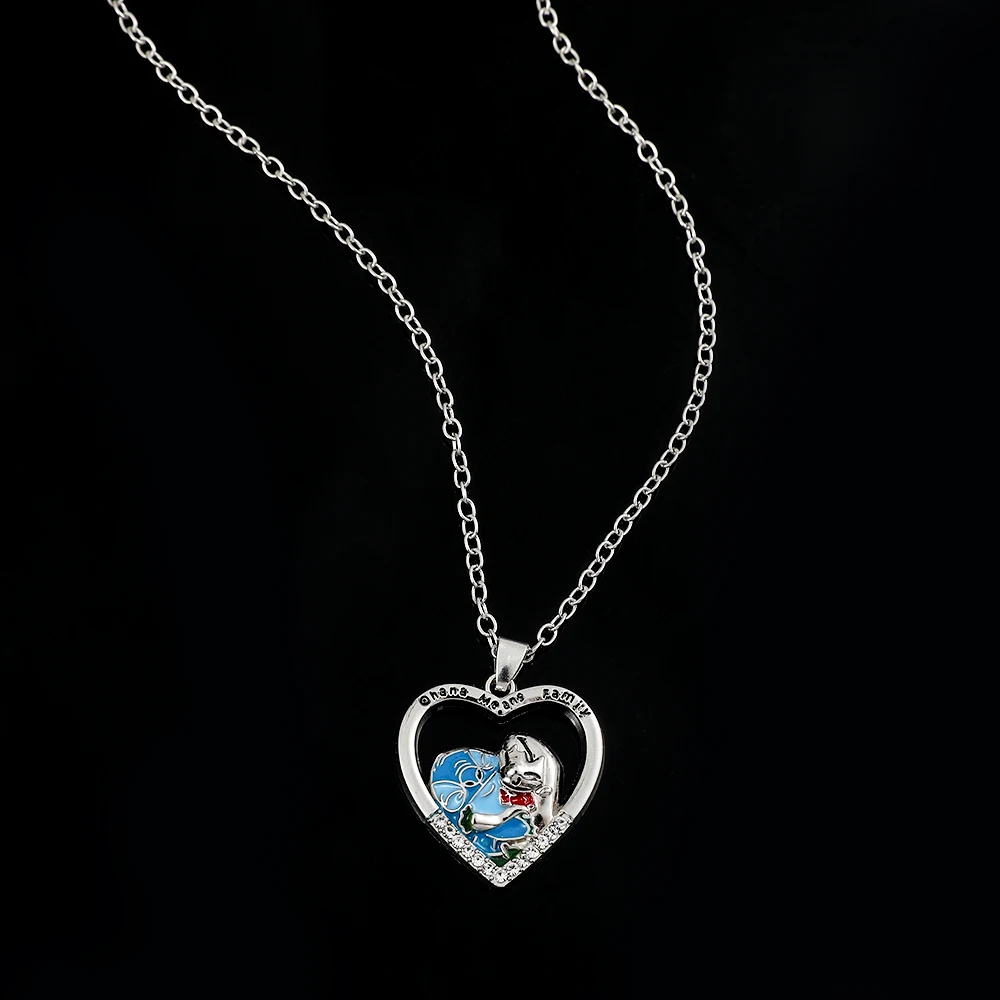 Disney Lilo & Stitch Necklace Kawaii Anime Silver Plated Heart Pendant Inspiration Girl Gift Jewelry