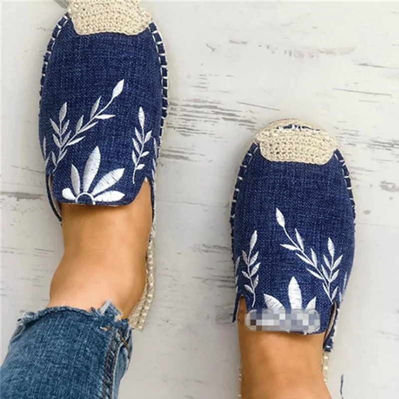 Women Embroider Hemp Flats Slippers Slip on Casual Canvas Shoes Sewing Ladies Breathable Female Fashion Comfort Outdoor Footwear