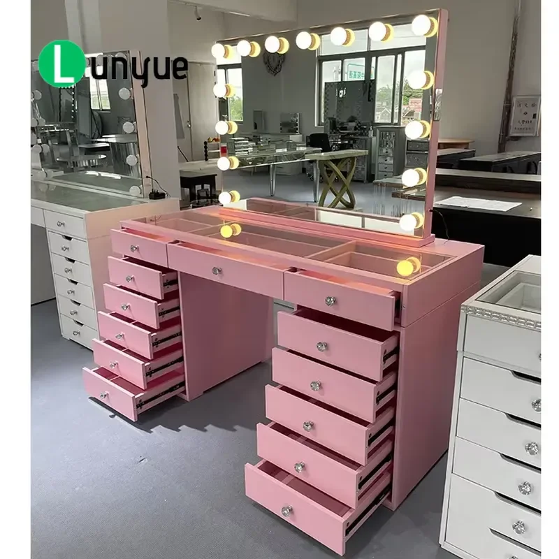 Pink Dresser with Bluetooth Speaker LED Light Makeup Mirror 13 Drawers Vanity Table for Bedroom Furniture Set Modern Storage