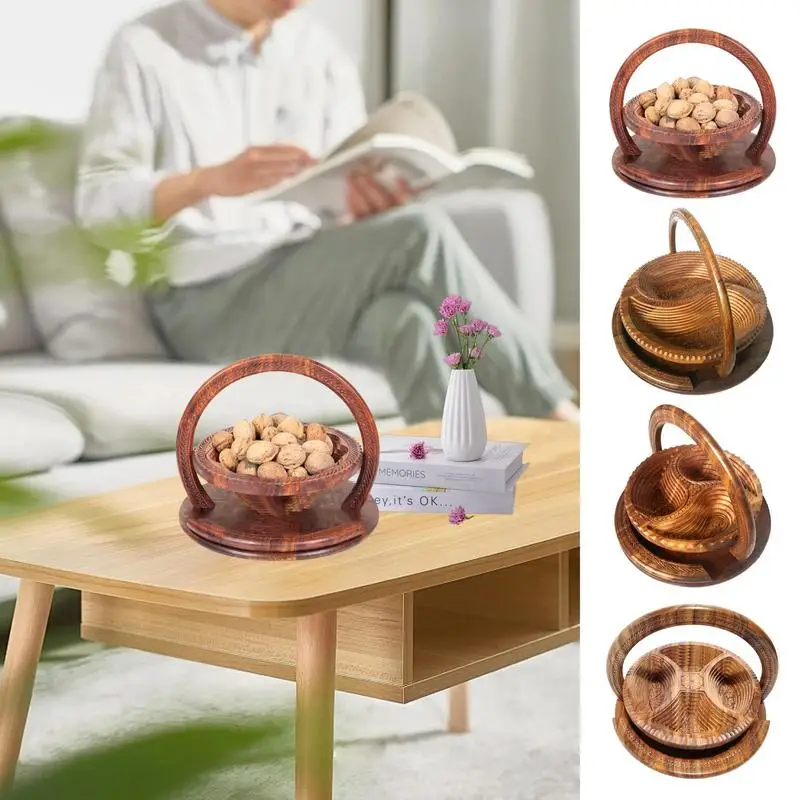 Handmade Wood Carving Fruit Plate 4-Partitions Wooden Foldable Fruit Basket Circular Wooden Fruit Bowl For Candy Fruit Nuts