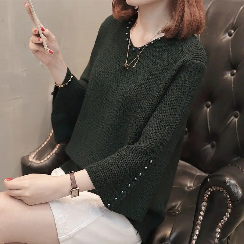 Spring Autumn New Loose All-match Knitting Tops Solid Color 3/4 Sleeve V Neck Elegant Sweaters Fashion Vintage Womne Clothing