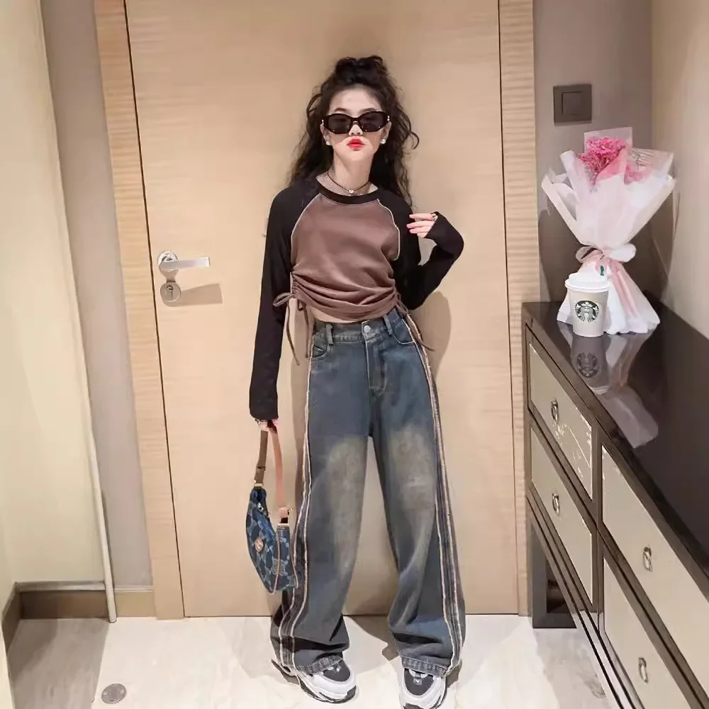 

Girls Suits Wide Leg Pants 2024 New Autumn Fashion Jeans Spring and Autumn Raw Edge Pants Set Two-piece Set Clothes Fashion