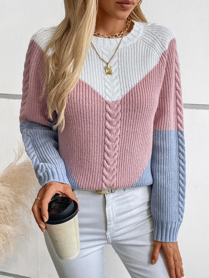 

Color Blocking Twisted Flower Women's Sweater Retro Loose Pullover Knitted Sweater Top 2025 Autumn Winter New Fashion Casual