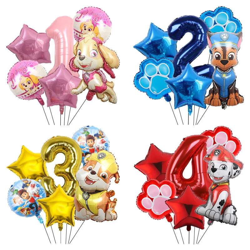 

6pcs PAW Patrol Theme Aluminum Digital Balloon Set Chase Marshall Skye Rubble Kids Birthday Party Supplies Decoration Gift Toys