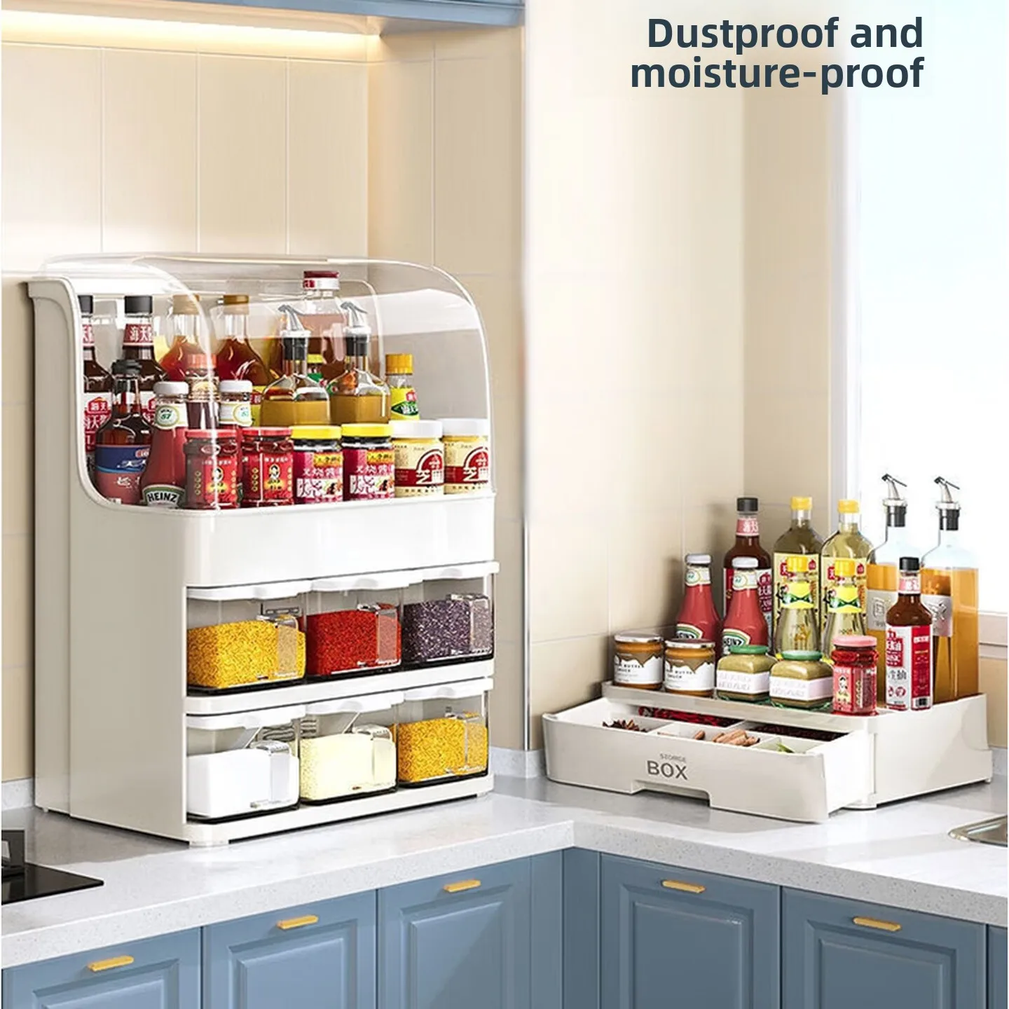 Covered Spice Rack Large Kitchen Seasoning Organizer with Individual Dustproof Lids Pull Out Access Moisture Resistant Storage