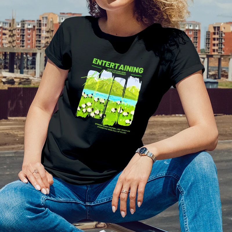 

Summer Womens Short Sleeve CottonTShirtEntertaining Flower Pastoral LandscapePrint forOutdoorRetreatsYoungWomen withaSereneStyle