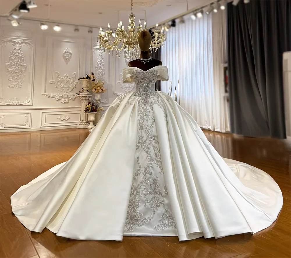 Maßgeschneidertes Luxus-Hochzeitskleid mit Schulterfreiem Design, Langen Ärmeln, Spitze, Perlen und Glitzer - Brautkleid mit Vestido De Novia
