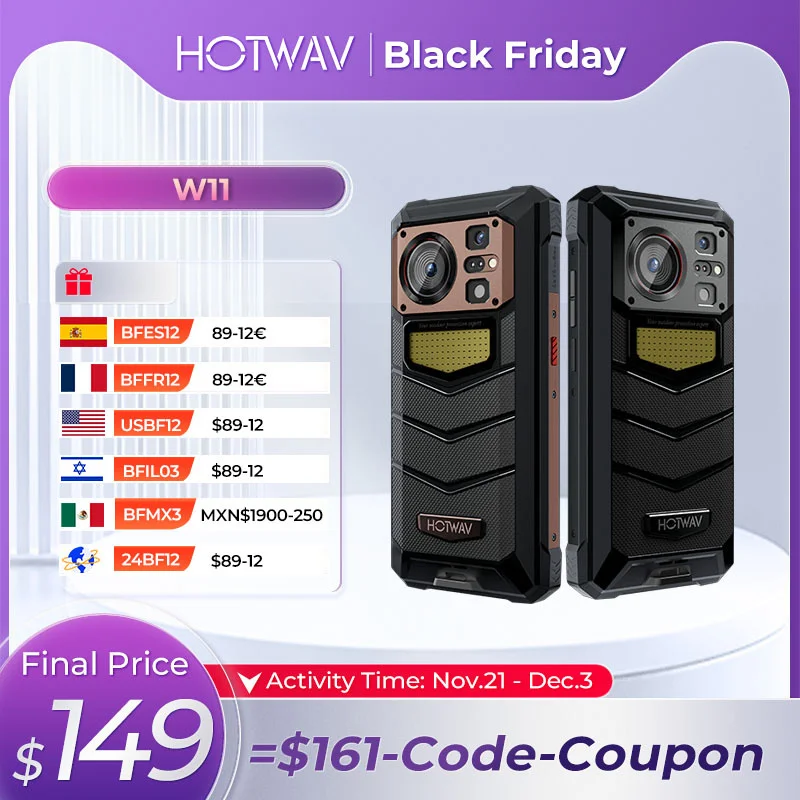 HOTWAV W11 Rugged Phone 6.6'' FHD+  24MP Night Vision Camera Smartphone 20800mAh 280LM Flashlight 33W Fast Charging Cellphones