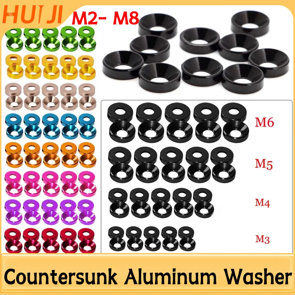 50 Stück M2 M2.5 M3 M4 M5 M6 M8 Bunte Senkkopf-Aluminiumunterlegscheiben für DIN7991 Innensechskantschrauben Aluminium-Abstandshalter Dichtungen