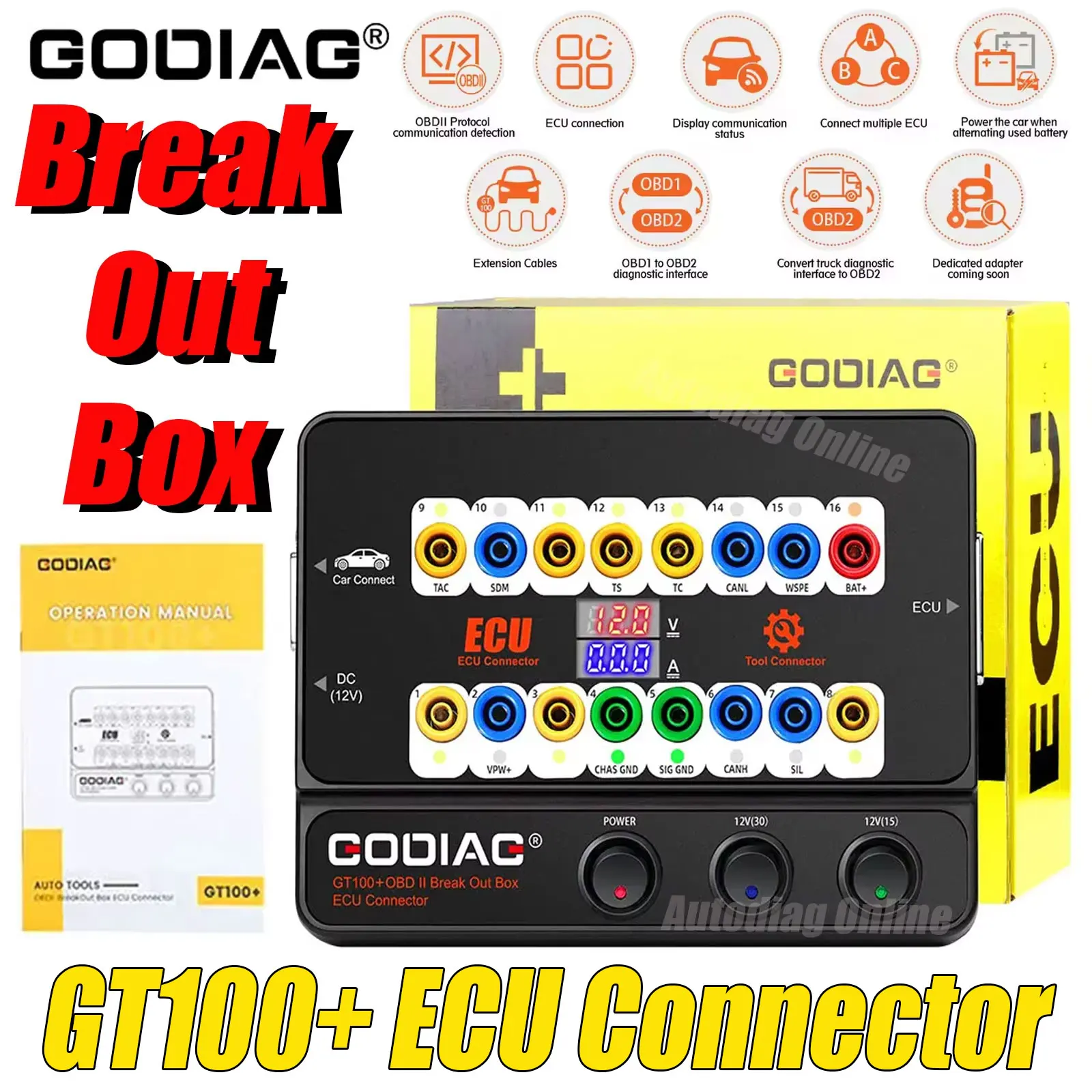 

Godiag GT100+ Breakout Box Electronic Current Display CANBUS OBDII Protocol Detector OBD2 ECU Bench Connector GT100 Pro Breakout