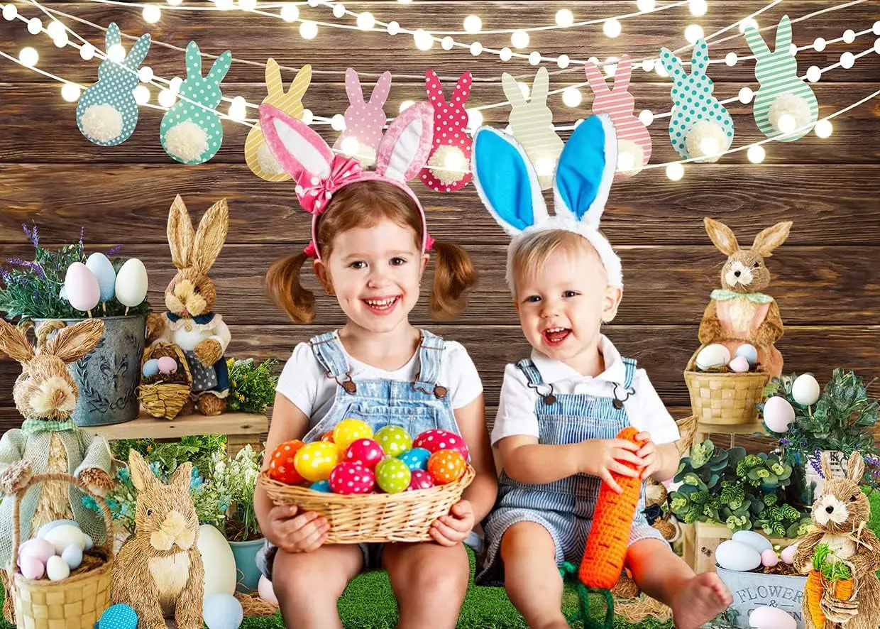 Easter Spring garden Meadow Green Grass bunny eggs wood board Party Decor photo background photography backdrop studio