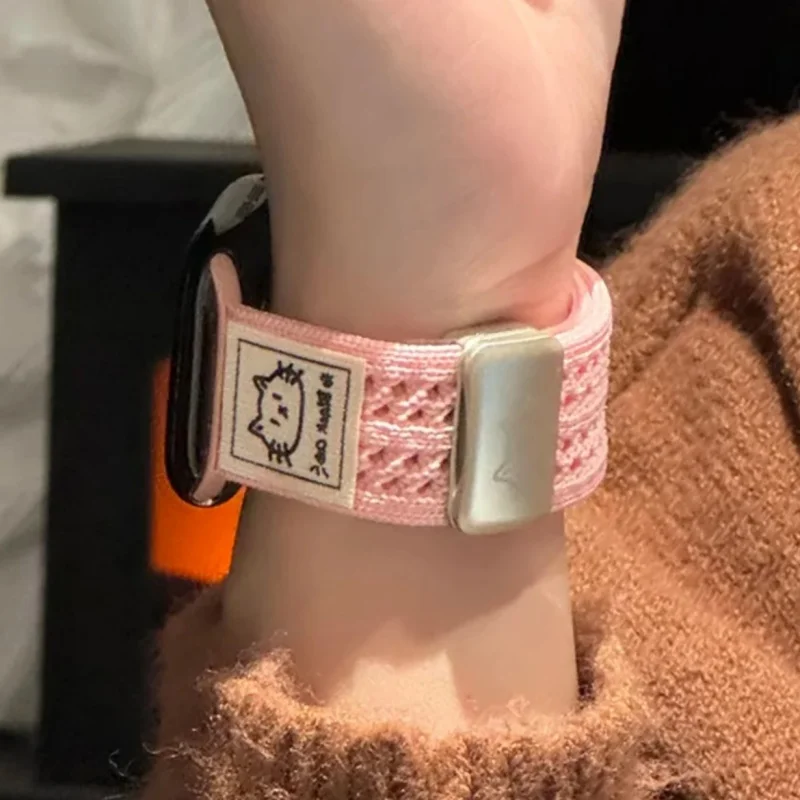 Correa magnética de gato bonito de Corea para Apple Watch Series S10 9 8 7 6 5 SE 38 40 41mm 42mm 44mm 45mm 46mm 49mm correa de nailon para mujer