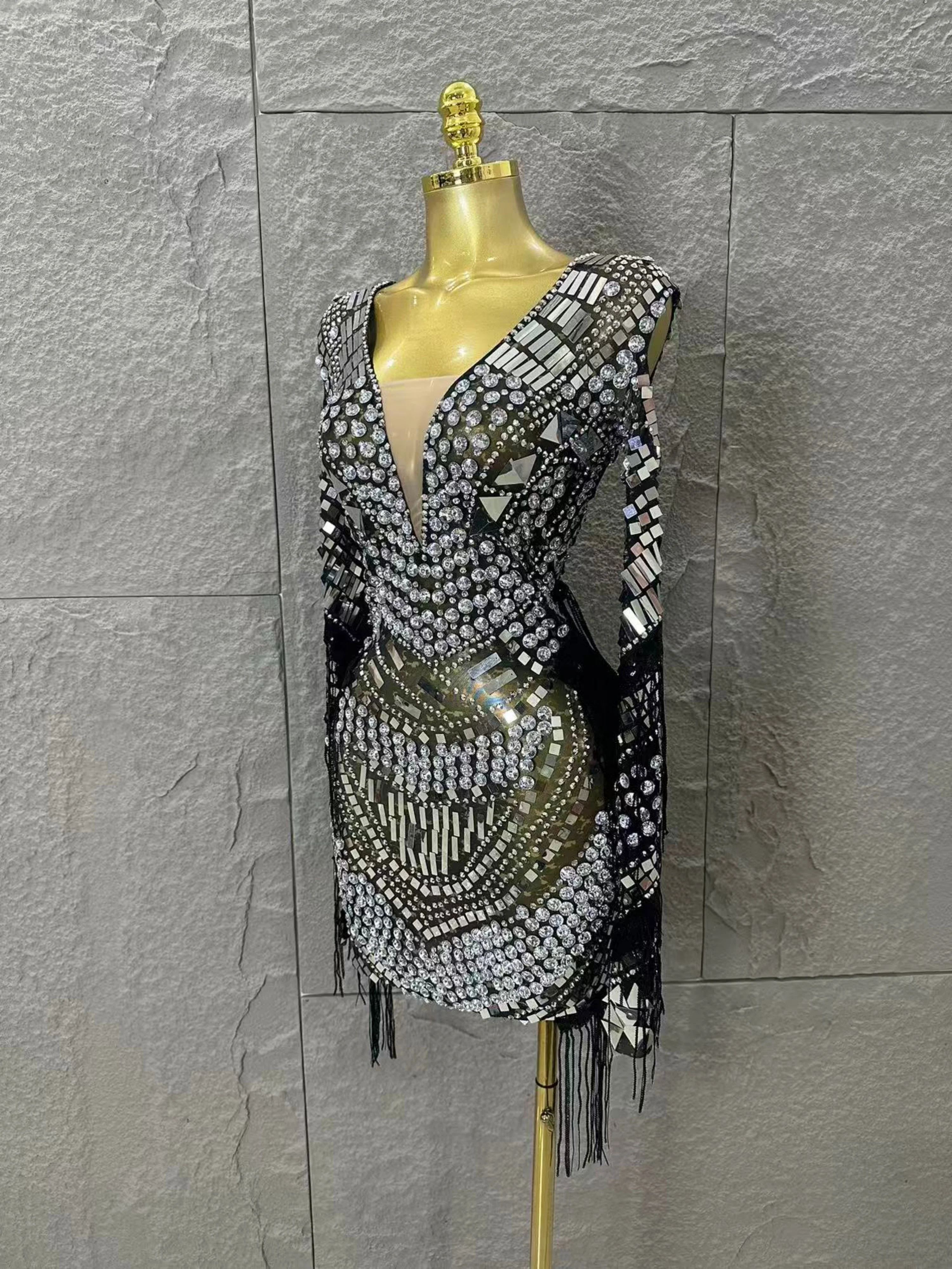 Luksusowa, błyszcząca sukienka mini z cekinami, frędzlami, długimi rękawami, prześwitująca, idealna na wieczorne przyjęcie, urodziny, seksowna, z siateczki, do klubu nocnego.