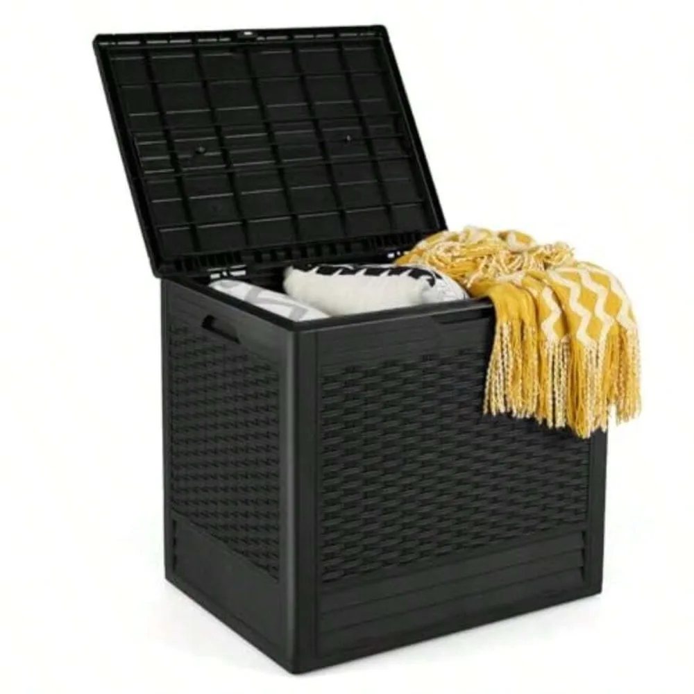 All-Weather Outdoor Storage Box with Rattan Pattern PP Deck Container, Lockable Lid, Patio Plastic Storage Bin for Package Delivery, Garden Tools, Patio Cushions, Waterproof Weatherproof Large Capacity Backyard Furniture