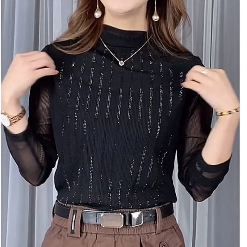 Fashionable and Elegant Women\'s Top with Hollowed Out Half High Collar Long Sleeves Simplicity Solid Color Commuting Pullover