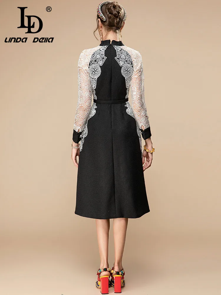 Imagem -06 - Linda Della-patchwork V-neck Midi Vestido Feminino Bordado Hollow Out Preto Designer de Senhoras Primavera Novo 2023 ld