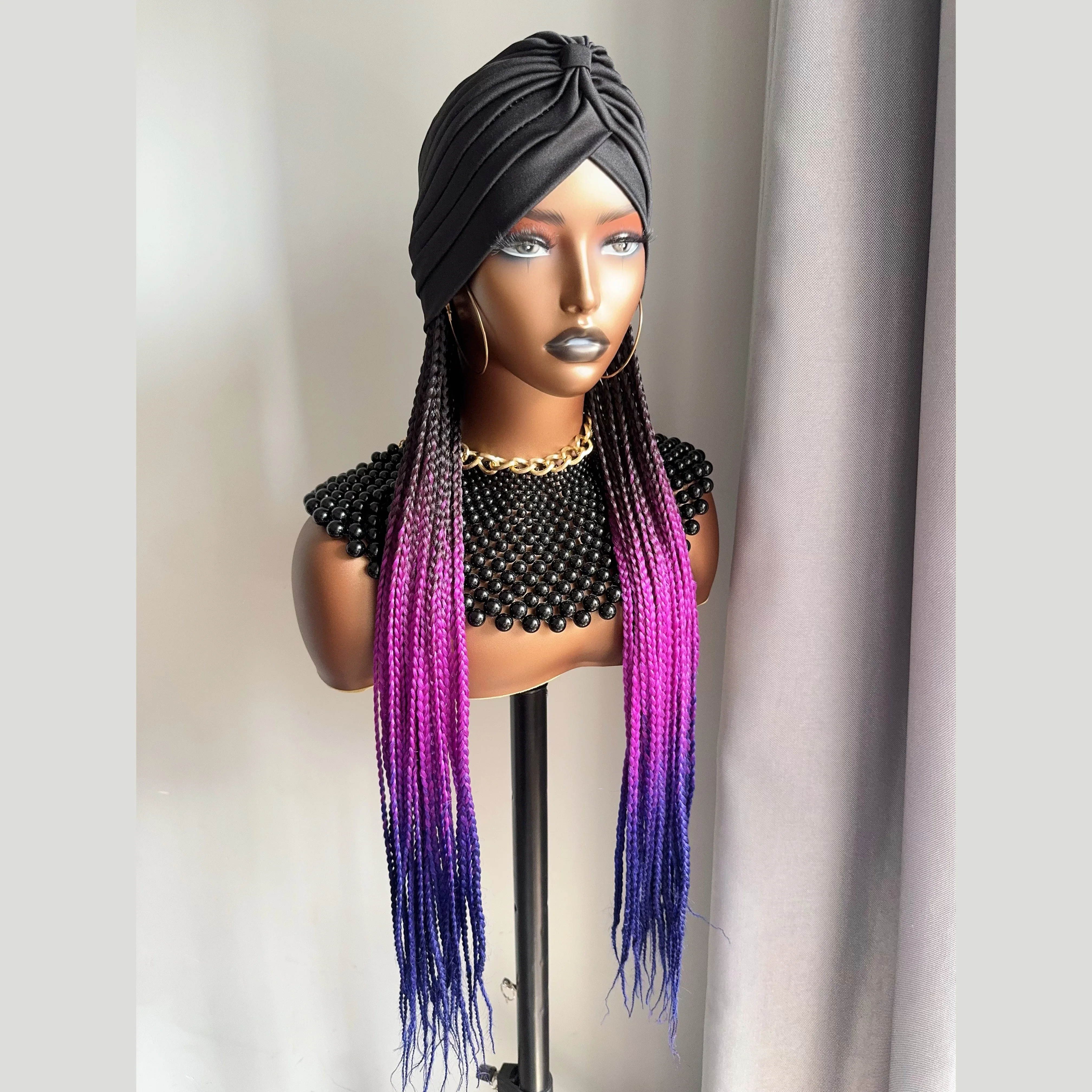 Long 24Inch Ombre Black Purple Lavender Box Braided Synthetic Head Wraps Headband With Turban Cap Braiding Hair Extensions Wigs