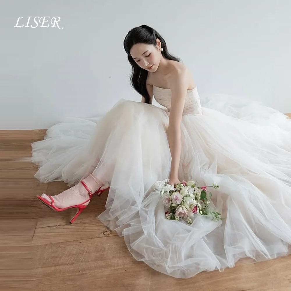 

Liser Простые корейские свадебные платья трапециевидной формы без бретелек Длинные элегантные свадебные платья из шелкового тюля 웨딩드레스 Корсеты по индивидуальному заказу