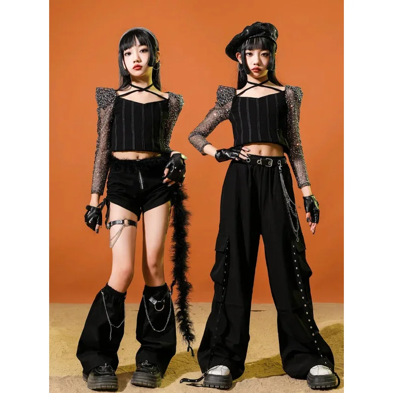 

Kpop Black Jazz Dance Clothes Girls Shiny Crp Tops Pants Hip Hop Competition Costume Kids Fashion Stage Performance Suit