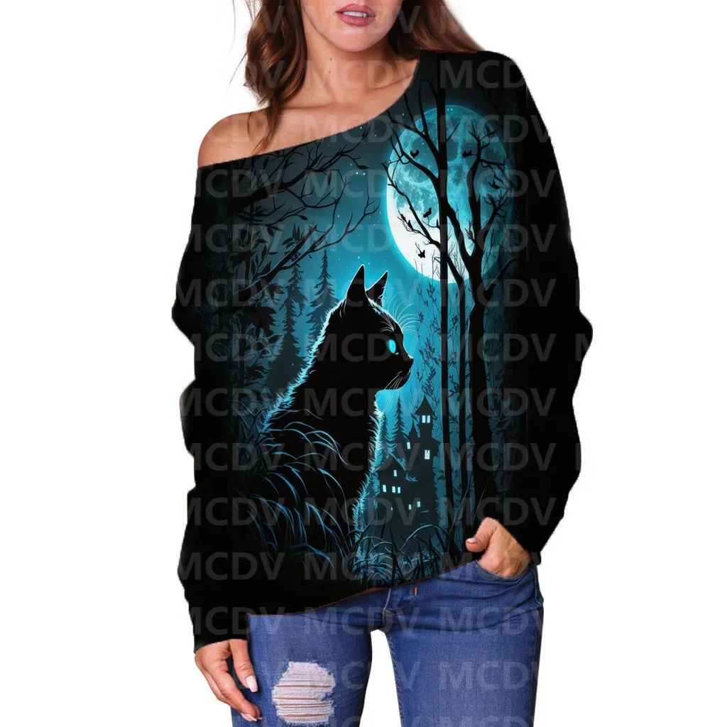 Women's Off Shoulder Sweater Halloween 3D Printed Women Casual Long Sleeve Sweater Pullover 03