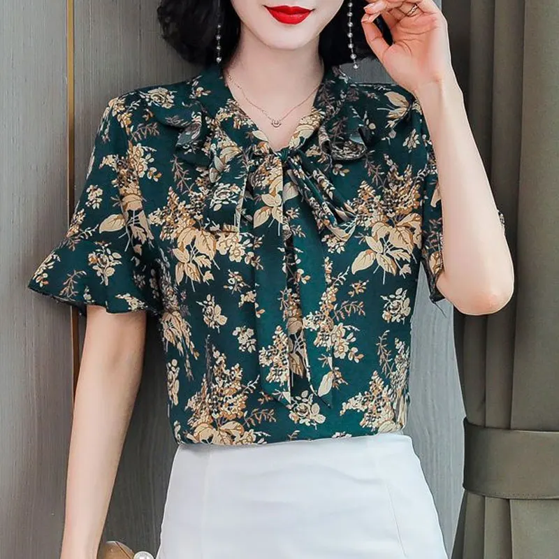 Vintage Gedruckt Chiffon Bluse frauen Kleidung Mode Rüschen Gespleißt 2023 Sommer Lose Elegante V-ausschnitt Kordelzug Bogen Shirt