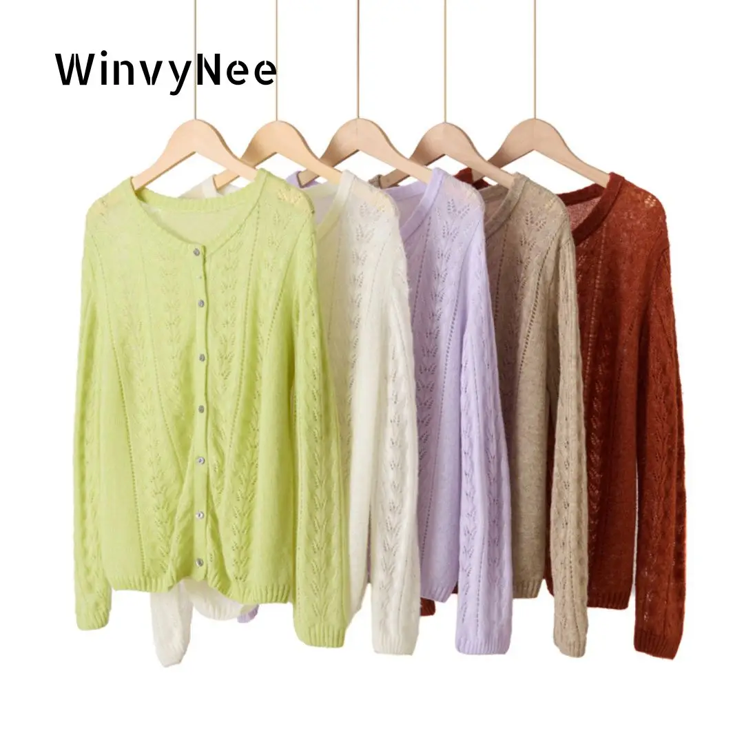 

WinvyNee Women Spring Cashmere Wool Knit Cardigans Elegant Hollow Out Round Neck Thin Coat Long Sleeve Sweaters ZA1743004