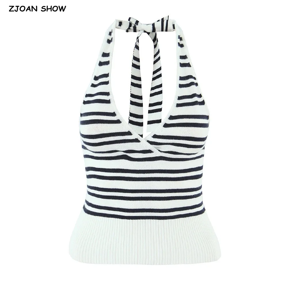 

2025 Sexy White Navy Blue Striped Knitted Camisole Tie Bow Halter Camis Women Summer Yoga Bra Base Tank Tops Girl Slim Crop Top