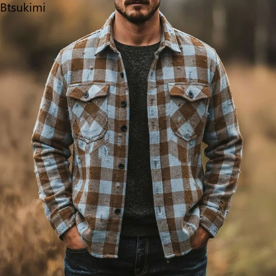 

2026 Men's Long Sleeve Casual Shirts Vintage Plaid Lapel Shirt Jackets Street Fashion Broken Holes Shirt Coats Autumn Winter New