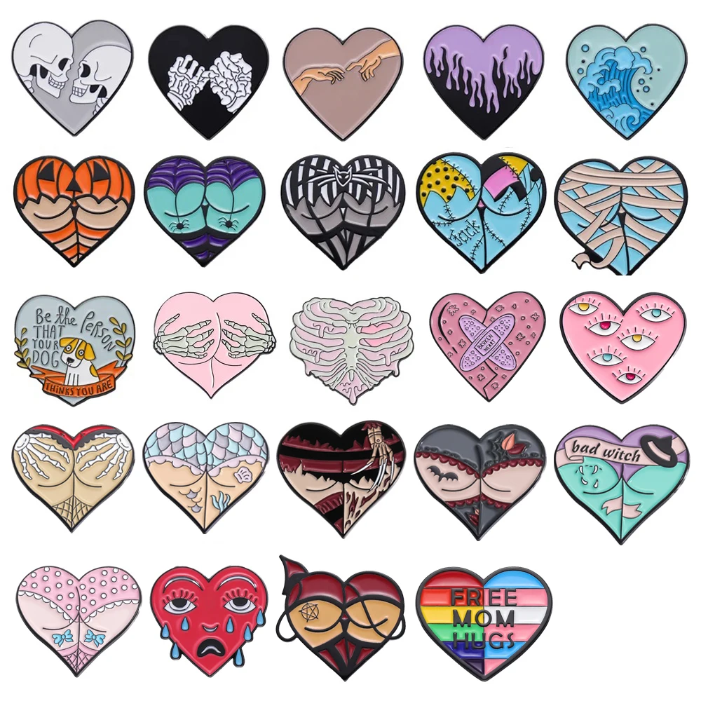 Creative Heart Enamel Brooch Spider Bat Pumpkin Dog Lace Band-Aid Eye Skull Rainbow Love Metal Badge Punk Lapel Pin Jewelry Gift