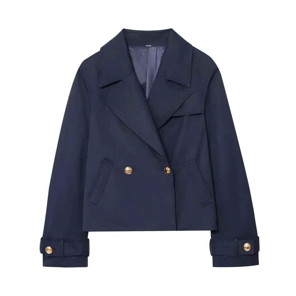 

2025 New Navy Blue Large Lapel Double Breasted Metal Buttons Decoration Short Women Fashion Casual Top