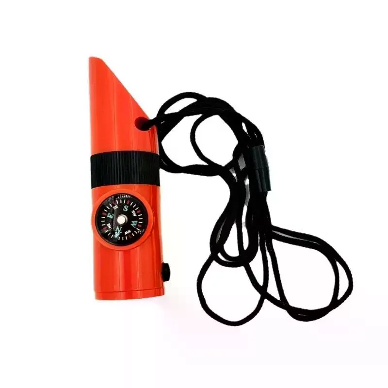 1Pcs Compass Mirror Flashlight Magnifier LED Light Storage Compass Tool Orange 7 In 1 Jungle Survival Hiking Whistle