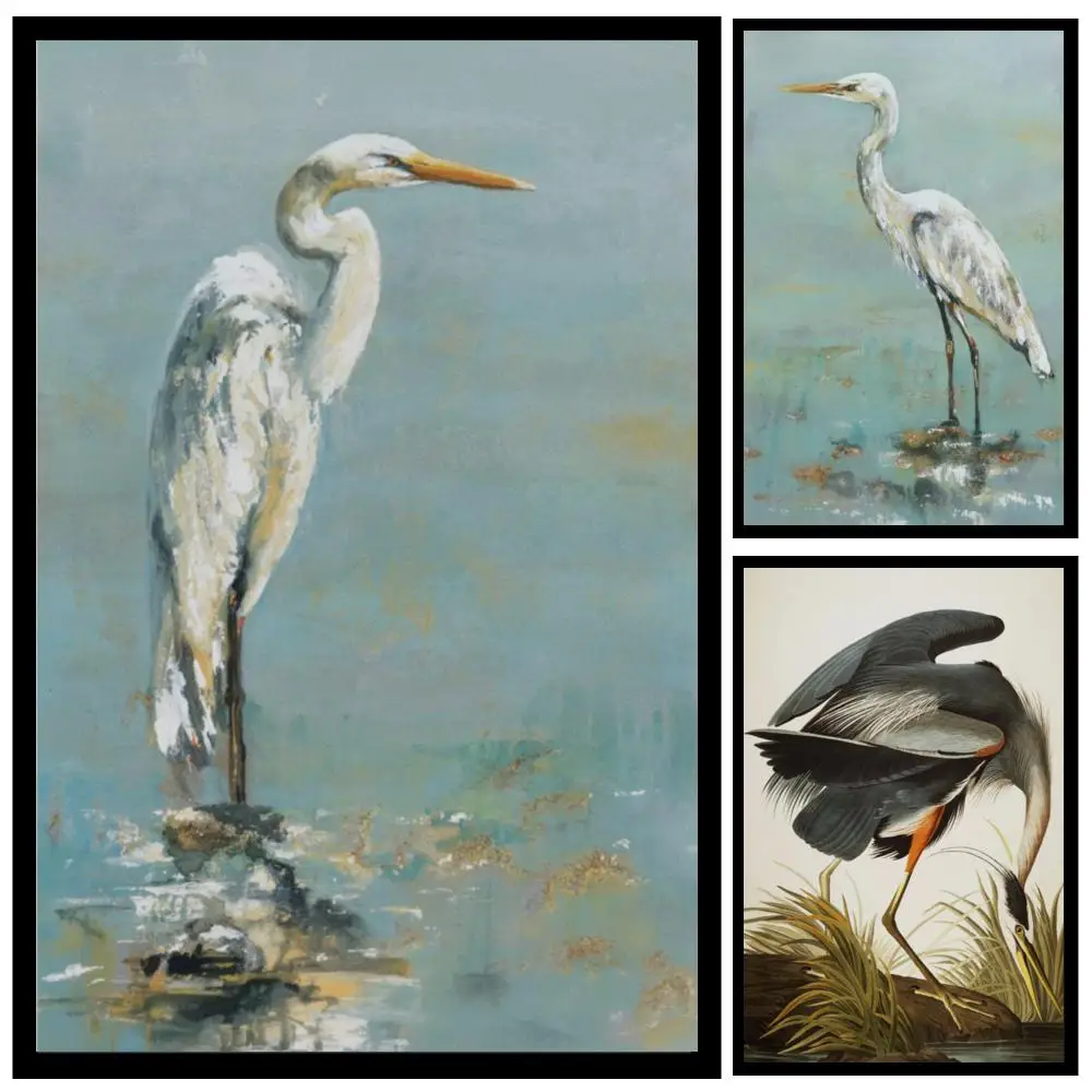 John James Audubon Great Blue Heron Canvas Art Print HD Realist Bird Painting Large Wildlife Wall Decor for Living Room Lodge