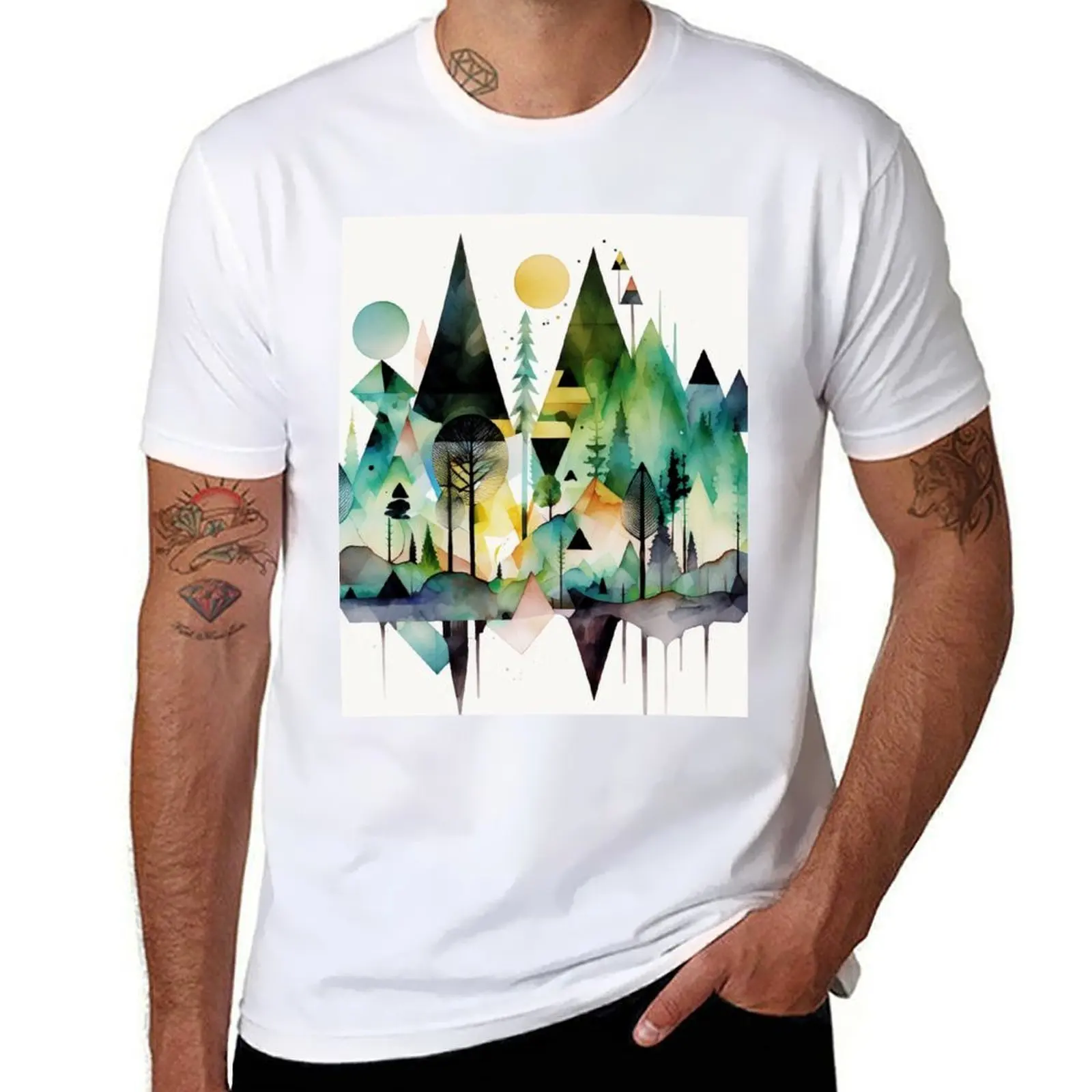 

Abstract geometric shapes forest watercolor T-Shirt t shirt for man man tshirt T-Shirt