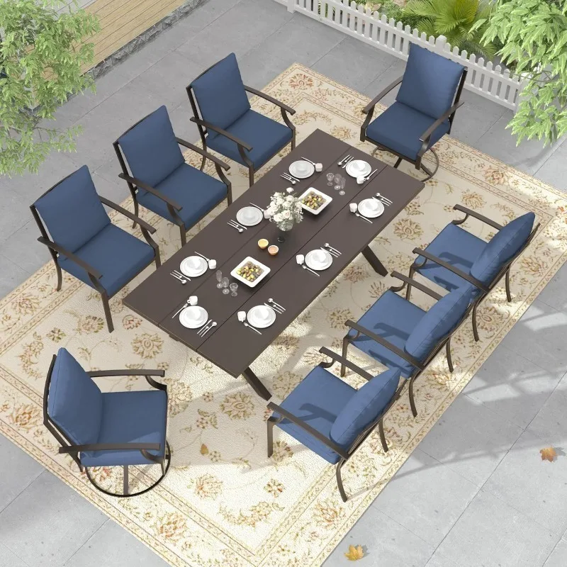 Set da pranzo per esterni da 9 pezzi Set tavolo da pranzo e sedie da patio Set di mobili da esterno con 1 tavolo da pranzo rettangolare in metallo con U