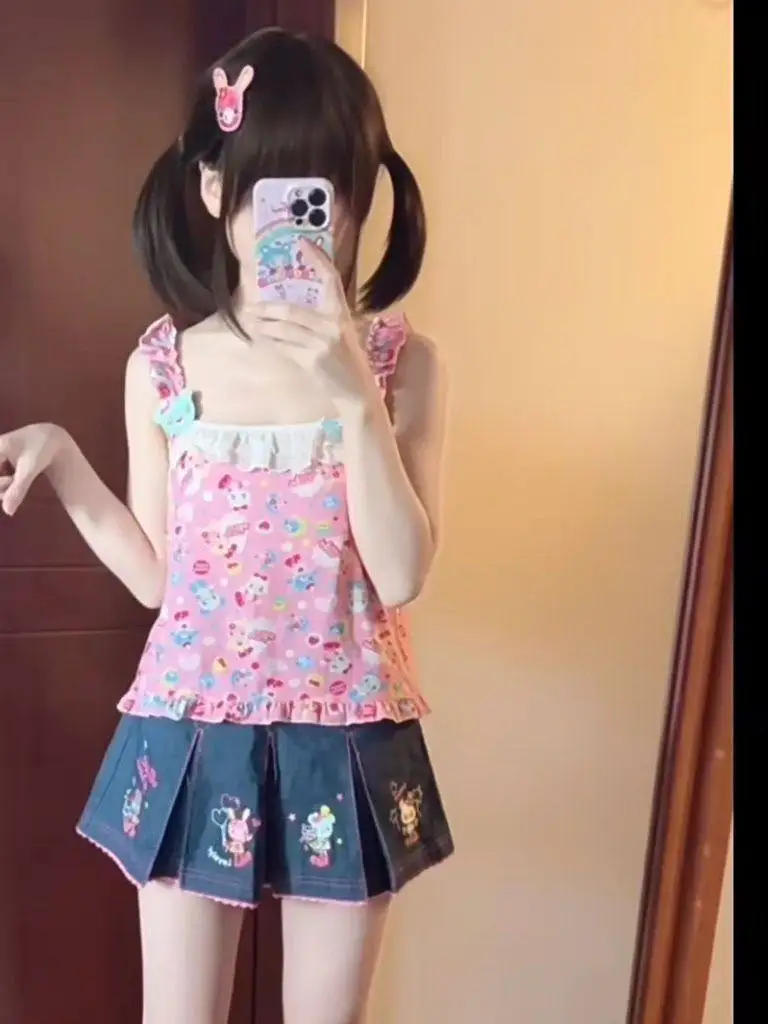 plus Size 300 Pounds Fat Sister MM Japanese Cartoon Print Strap Vest Women Summer Soft Flower Lace Sleeveless Top Casual Style