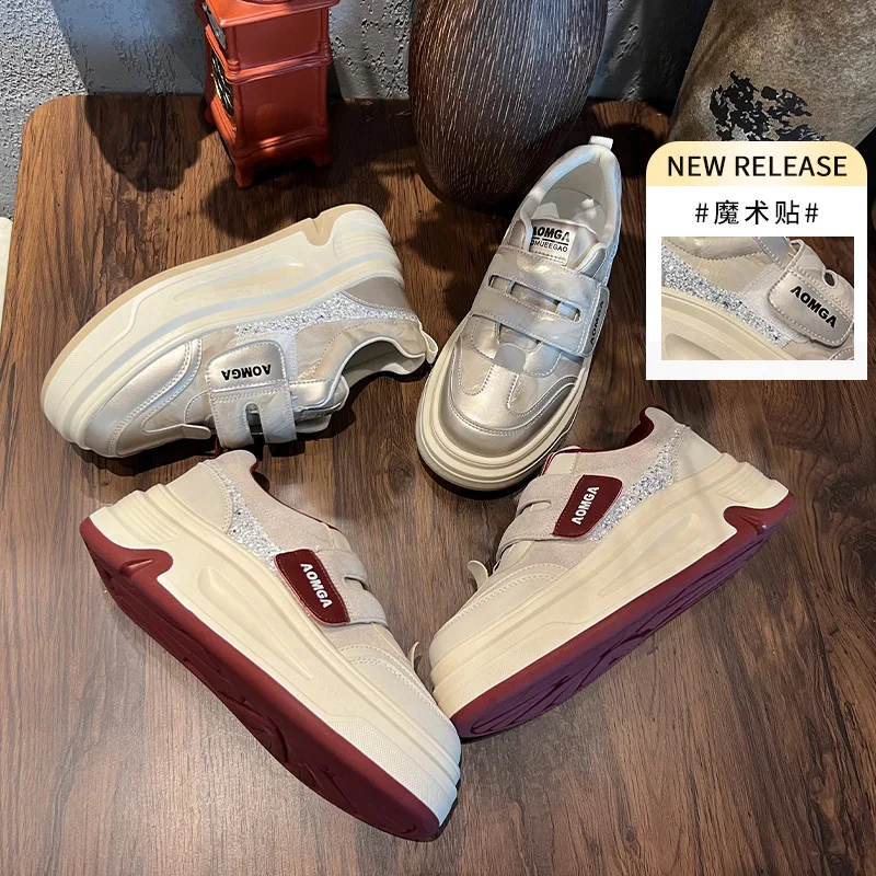 

MDMicoleD Suction Film Bottom Velcro Little White Shoes Spring New Casual Retro Niche Platform Sports Board Sneakers Women