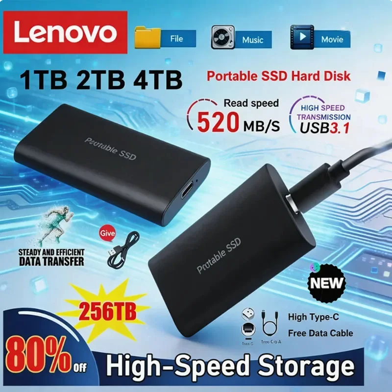 

Портативный SSD-накопитель Lenovo 2 ТБ, 4 ТБ, 8 ТБ, 256 ТБ: высокоскоростные твердотельные диски большой емкости для ноутбуков/Mac