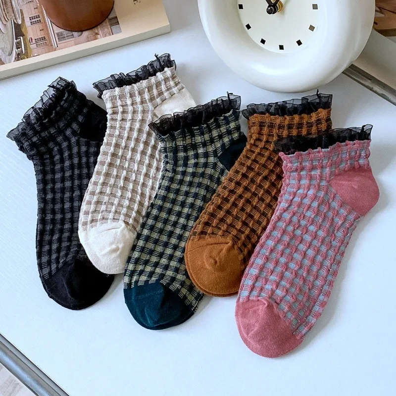 Women Lace Cotton Boat Socks New Spring Summer Ling Grace Rib Vintage Trend Fashion Harajuku Series Ladies Thin Socks I138